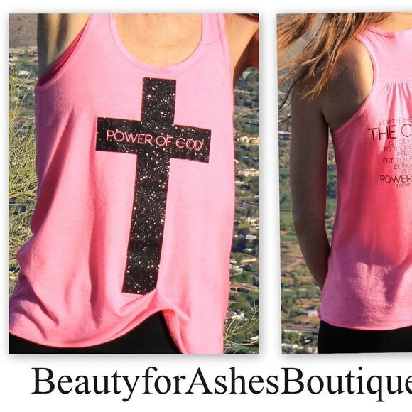 Women Bella Pink Black Glitter Cross Power of God 1 Corinthians 1:18 Tank Top XL - Picture 3 of 4
